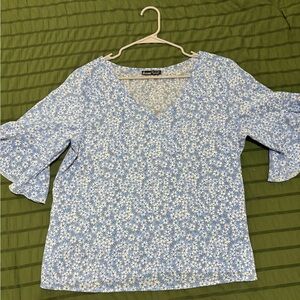 Reason Light Blue Floral V-Neck Blouse
